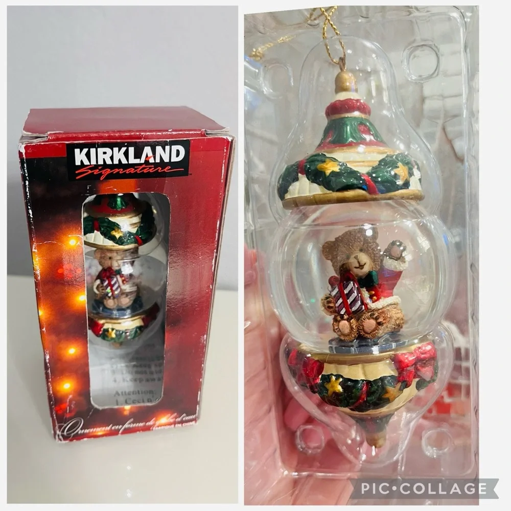 Kirkland Signature Teddy Bear Water Globe Christmas Ornament 4.5” Boxed